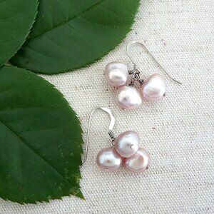 Pearl Cluster Drop Earrings, Lavender Pearls, Silver, Freshwater Pearls NWT